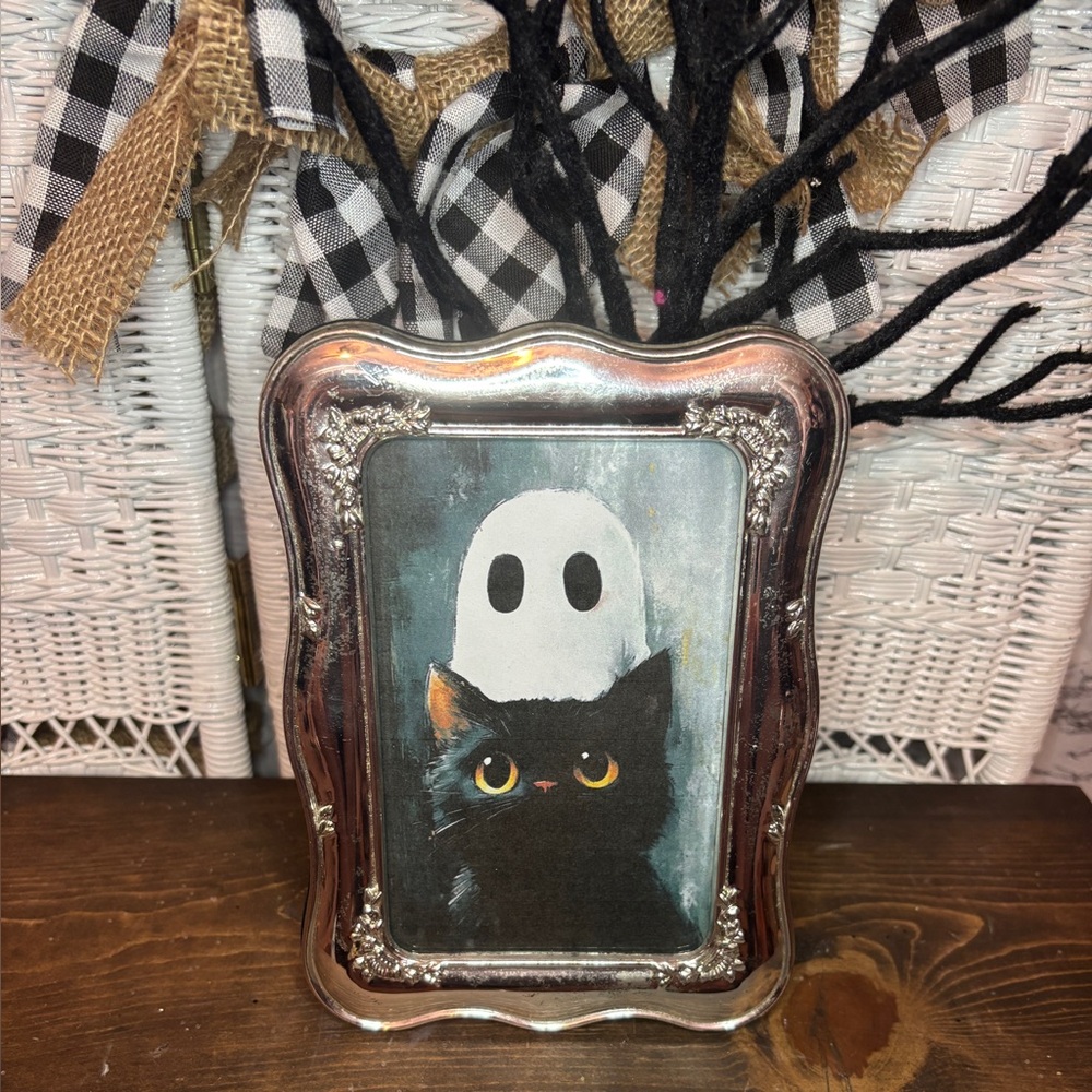 Black Cat  Halloween cat  Ghost Art in Silver Frame